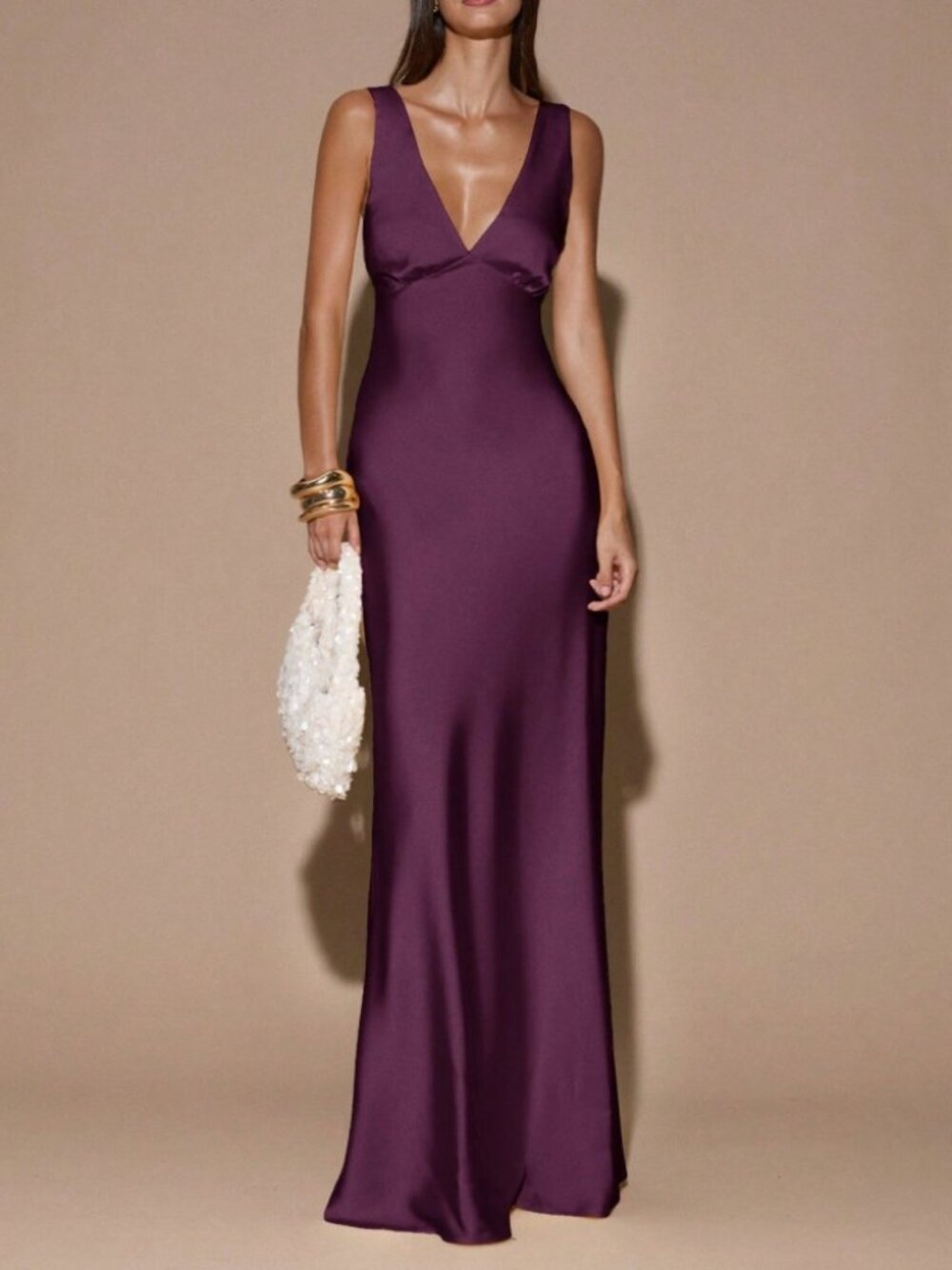 Plum Satin Deep V-Neck Maxi Dress - Slim Fit Sleeveless Gown